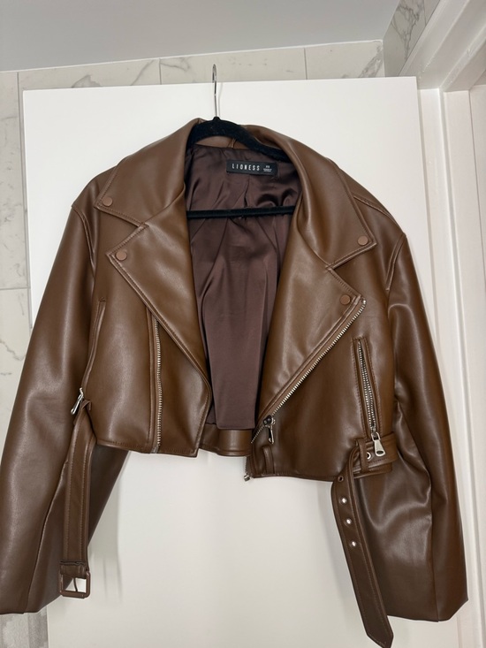 Lioness Jackets & Blazers - Lioness Chocolate Brown Faux Leather Cropped Moto Jacket